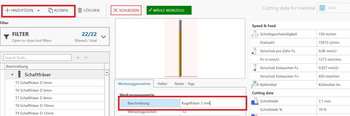 Werkzeugform ändern 